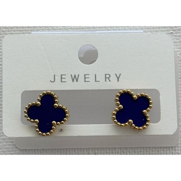 Gold-Tone Blue  Stud Earrings With Beaded Edges - Picture 1 of 8